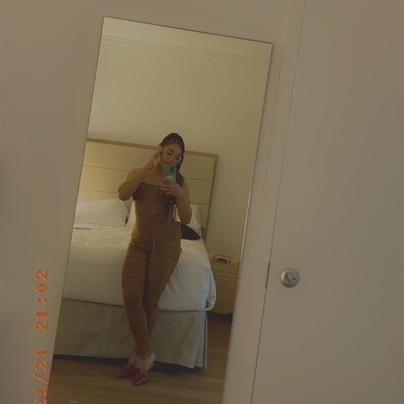 Chocolate Corset Detail Mesh Ruched Bandeau Jumpsuit - Picture 1 of 3